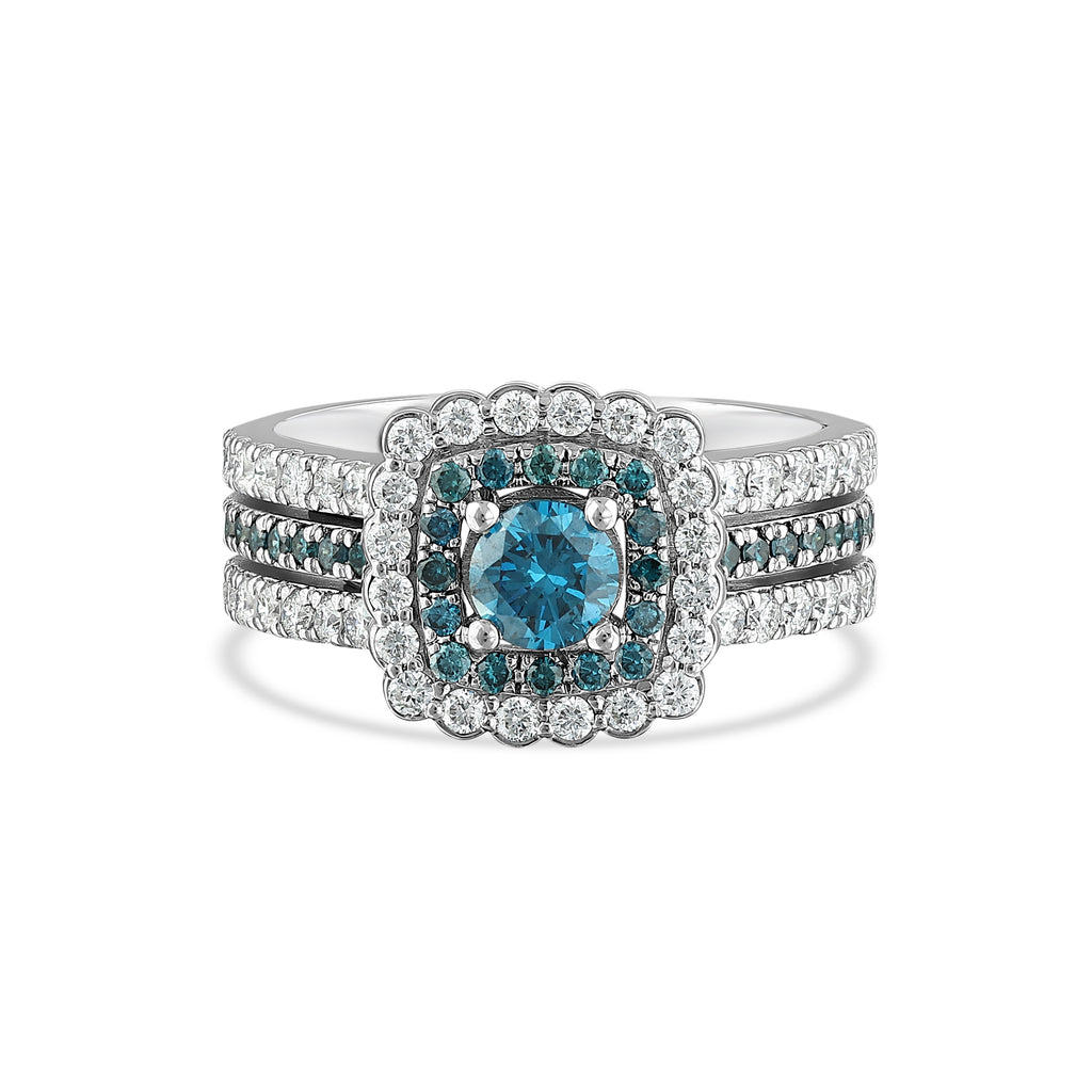 Blue Diamond Double Halo Engagement Ring