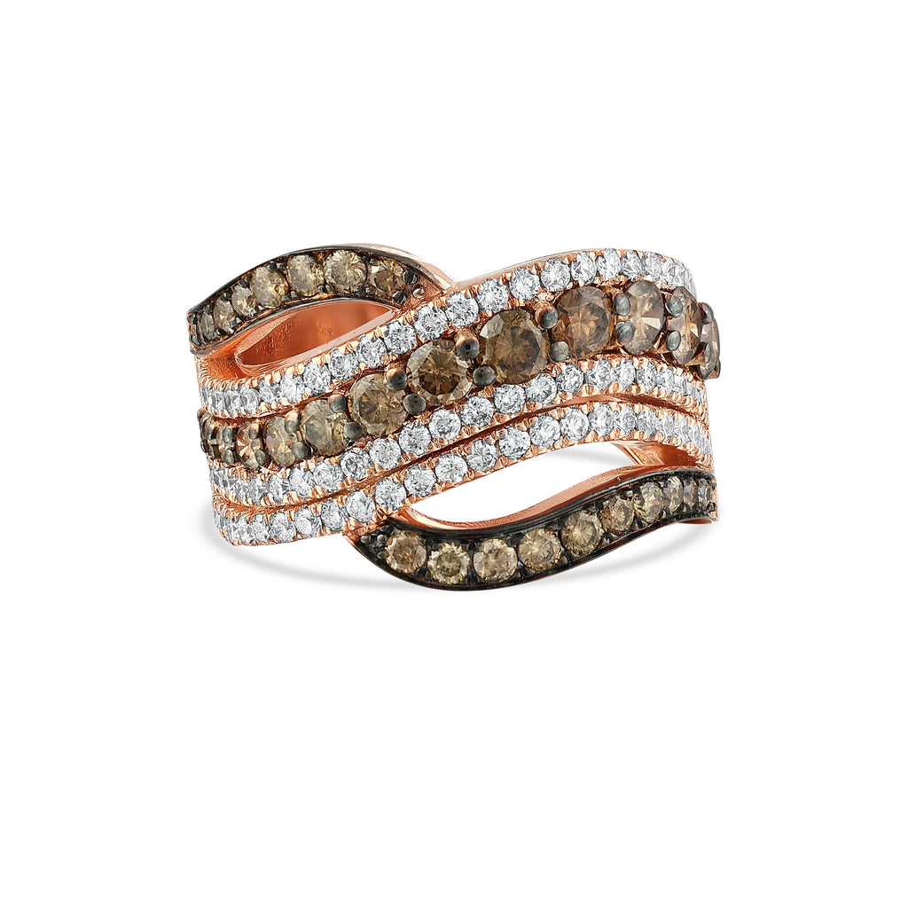 Multi-Row Wave Ring with Brown and White Diamonds
