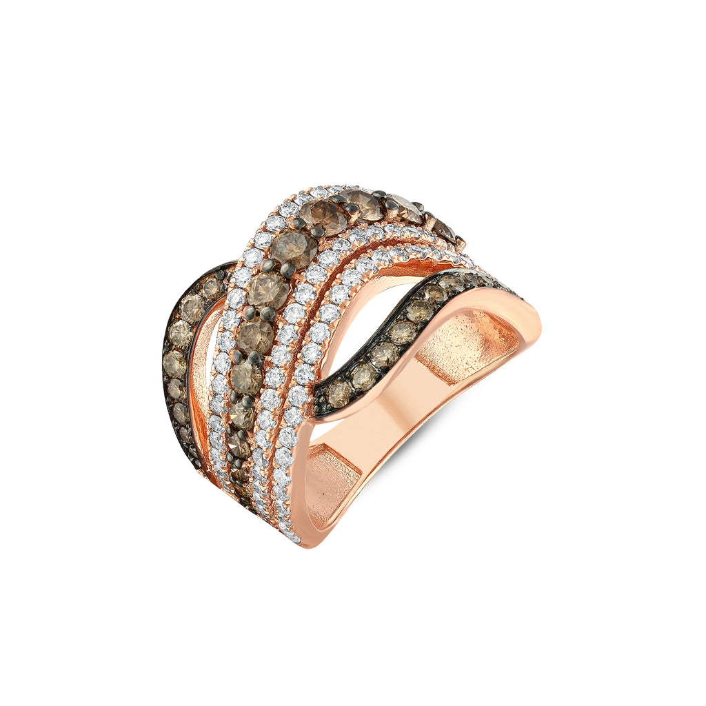 Multi-Row Wave Ring with Brown and White Diamonds