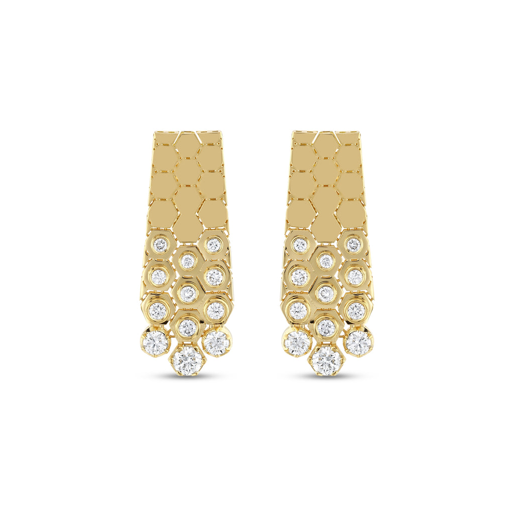 Gold earrings with diamond accents on a white background
