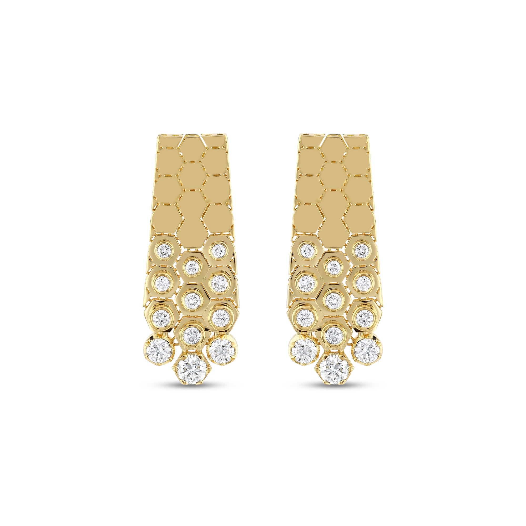 Gold earrings with diamond accents on a white background